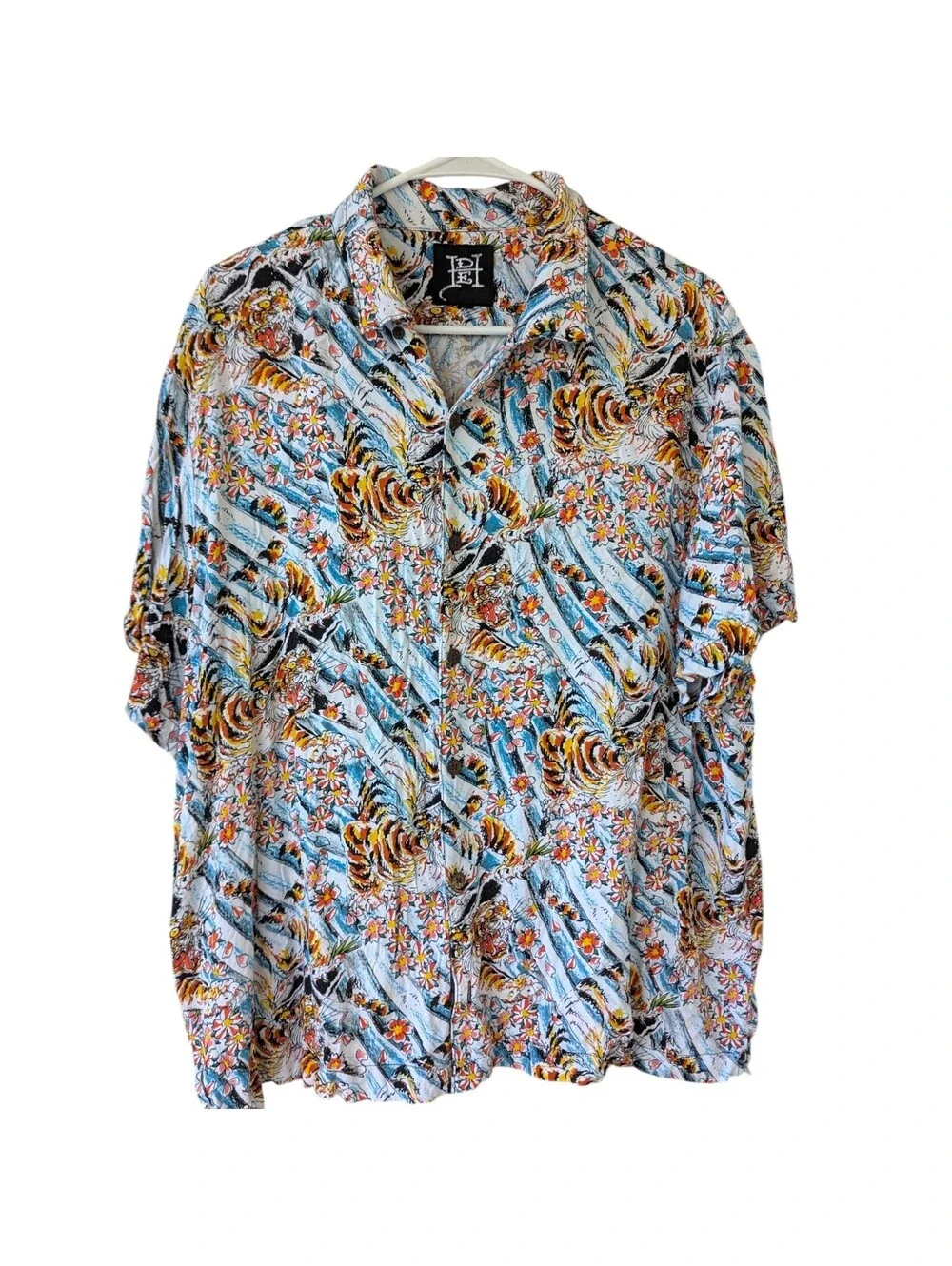 Vintage Ed Hardy All Over Print Button Up Shirt Floral Tiger Viscose Boxy Mens